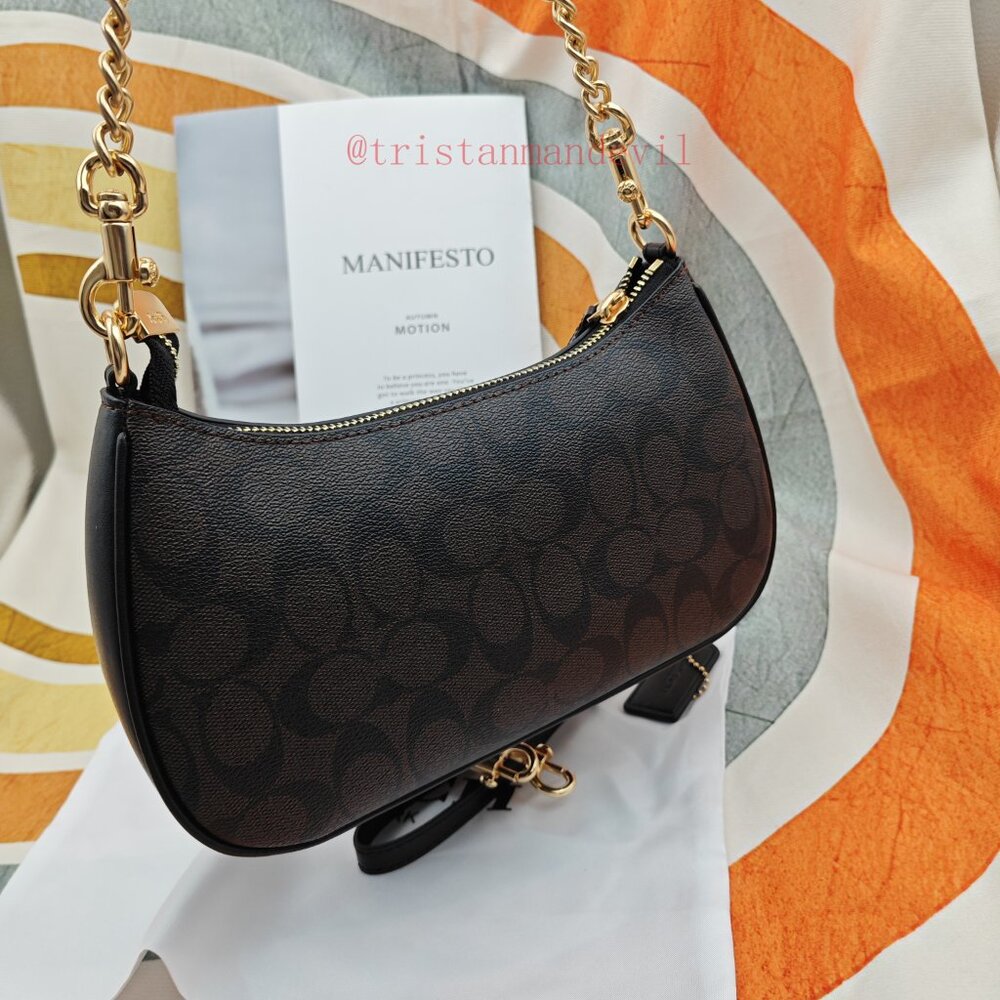 Coach Brown Signature Canvas Crossbody Bag with Gold Hardware - Picture 6 of 15